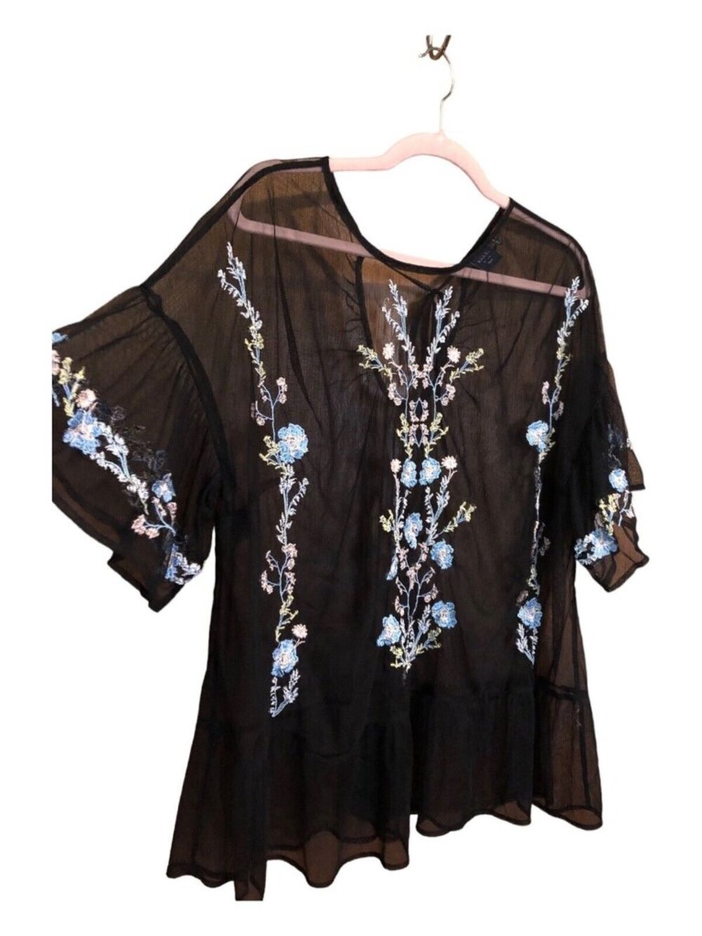 Kaari Blue Curvy Black Sheer Blue Floral Accent Cottagecore Blouse Sz 1X
